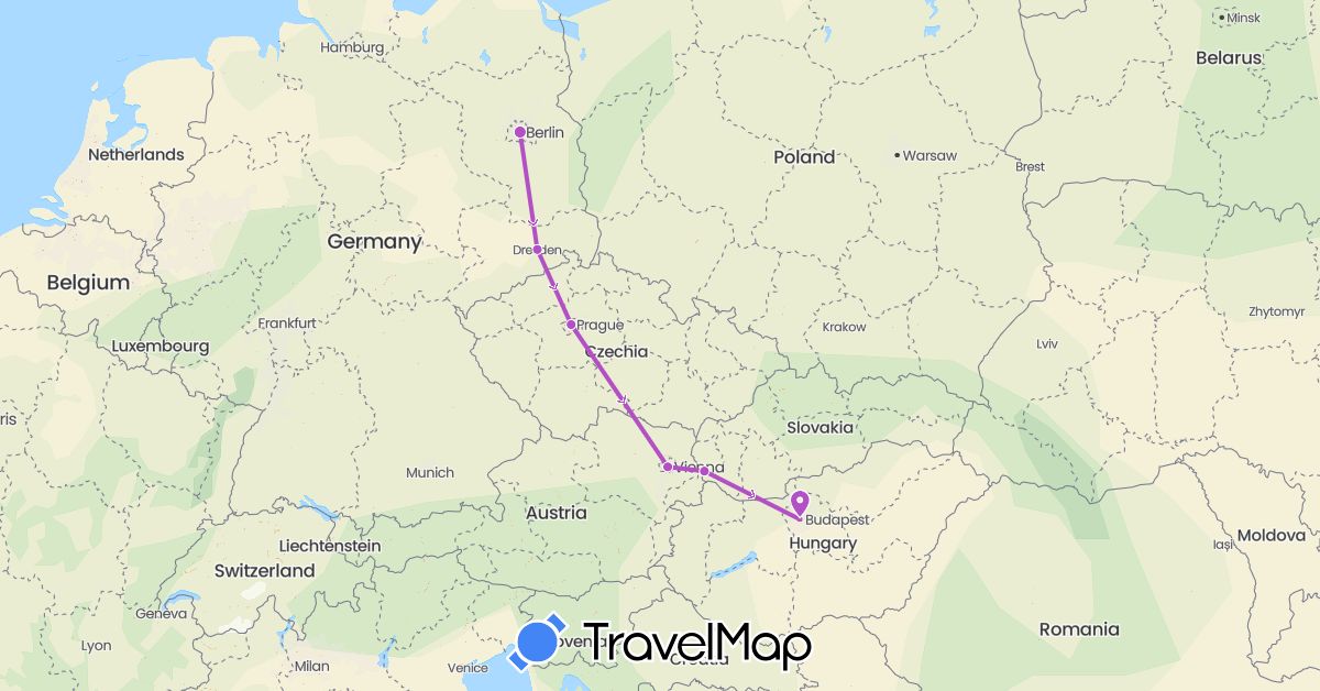 TravelMap itinerary: driving, train in Austria, Czech Republic, Germany, Hungary, Slovakia (Europe)